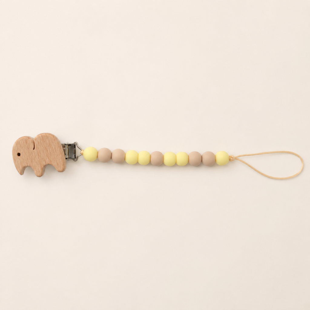 Speenkoord Olifant Geel-Beige met naam - gepersonaliseerd met naam
