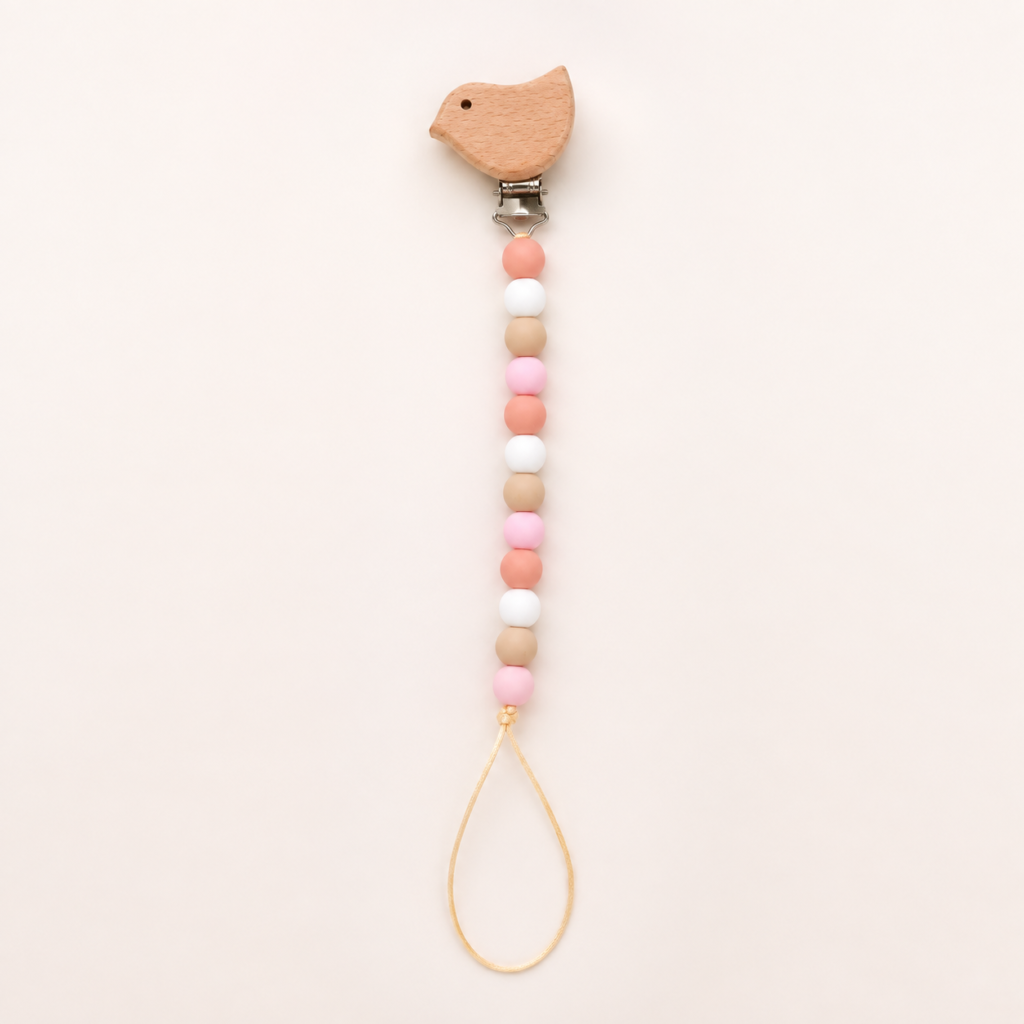 Speenkoord Vogel Wit-Beige-Roze met naam - gepersonaliseerd met naam